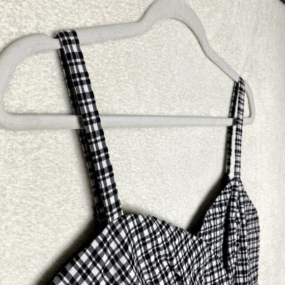 Parker Gingham Plaid Smocked Fit & Flare Mini Cocktail Dress Black White Medium - Picture 2 of 15
